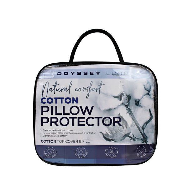 alt="Front details of the packaging of cotton pillow protector featuring its minimalist blue and white packaging design" 