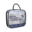 Side details of the packaging of cotton pillow protector featuring its minimalist blue and white packaging design.