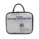 Back details of the packaging of cotton pillow protector featuring its minimalist blue and white packaging design.