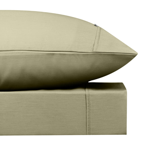 Close-up look of an sage sheet set featuring its softness cotton and durability of polyester comfort for a restful night's sleep.