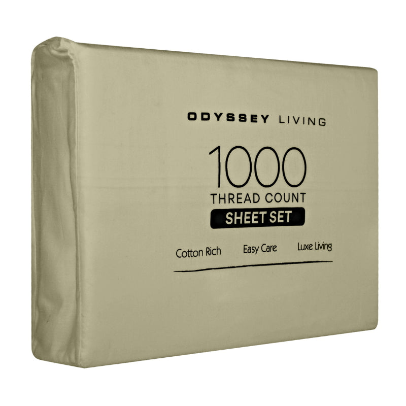 Side packaging details of a sage cotton rich sheet set.