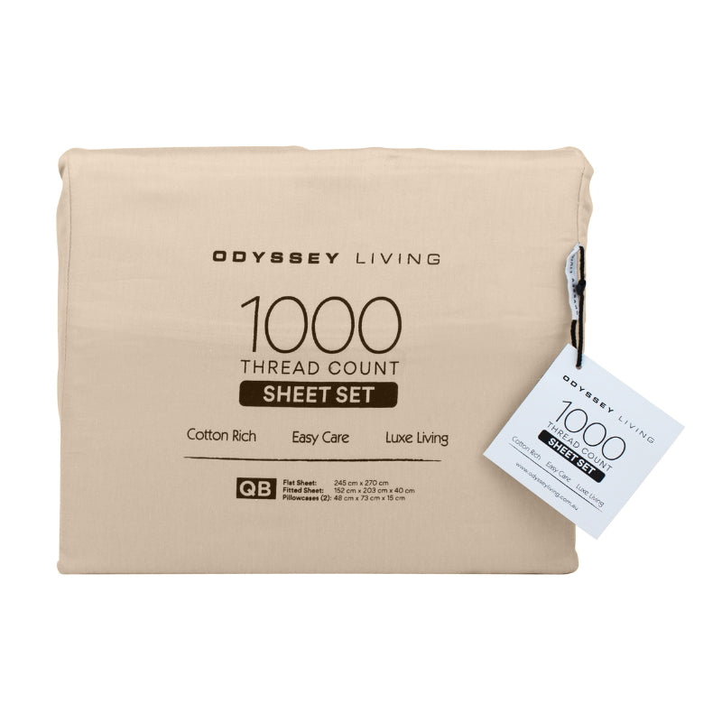 Front packaging details of a natural cotton rich sheet set.