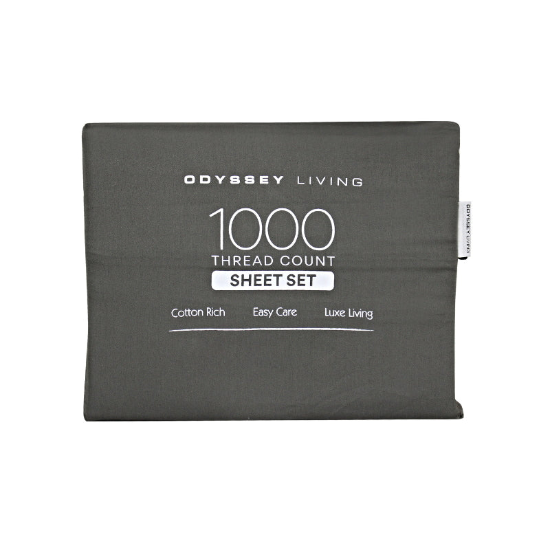 alt="Front packaging details of a charcoal cotton rich sheet set"