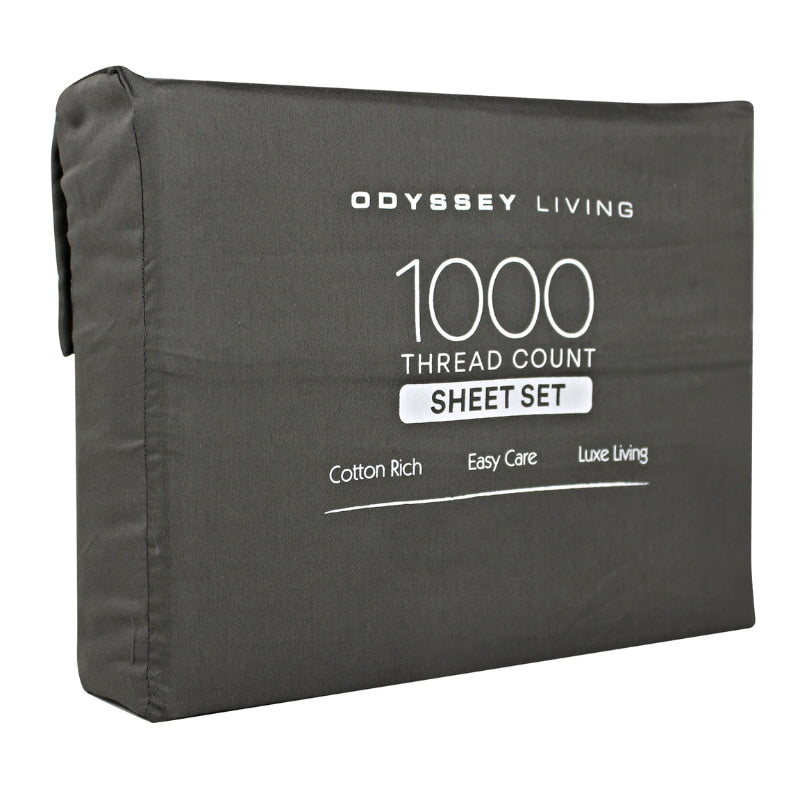 alt="Side packaging details of a charcoal cotton rich sheet set"