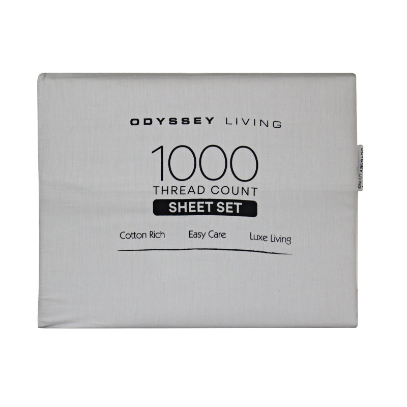 alt="Front packaging details of a silver cotton rich sheet set"