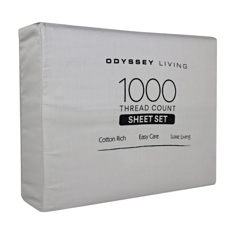 alt="Side packaging details of a silver cotton rich sheet set"