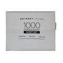 Front packaging details of a silver cotton rich sheet set.