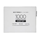 Front packaging details of a white cotton rich sheet set.