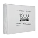 Side packaging details of a white cotton rich sheet set.