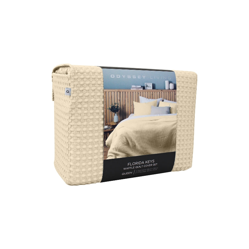 Front side packaging details of a luxurious quilt cover set in a natural colour scheme featuring a modern texture.
