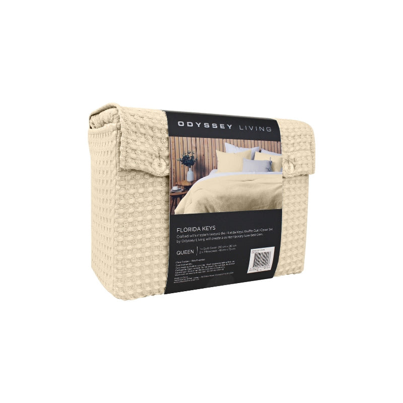 Back side packaging details of a luxurious quilt cover set in a natural colour scheme featuring a modern texture.