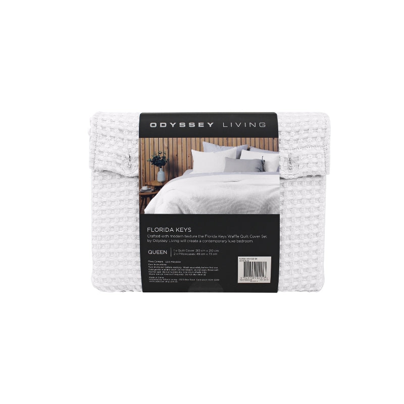 Back packaging details of a luxurious quilt cover set in a white colour scheme featuring a modern texture.