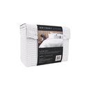Back side packaging details of a luxurious quilt cover set in a white colour scheme featuring a modern texture.