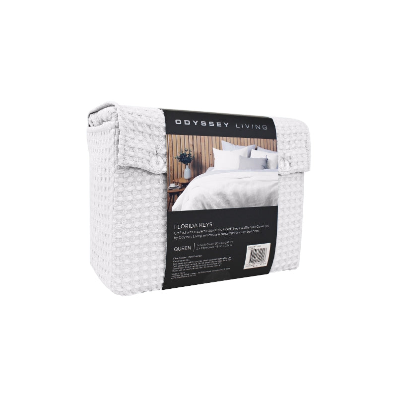 Side packaging details of a luxurious quilt cover set in a white colour scheme featuring a modern texture.