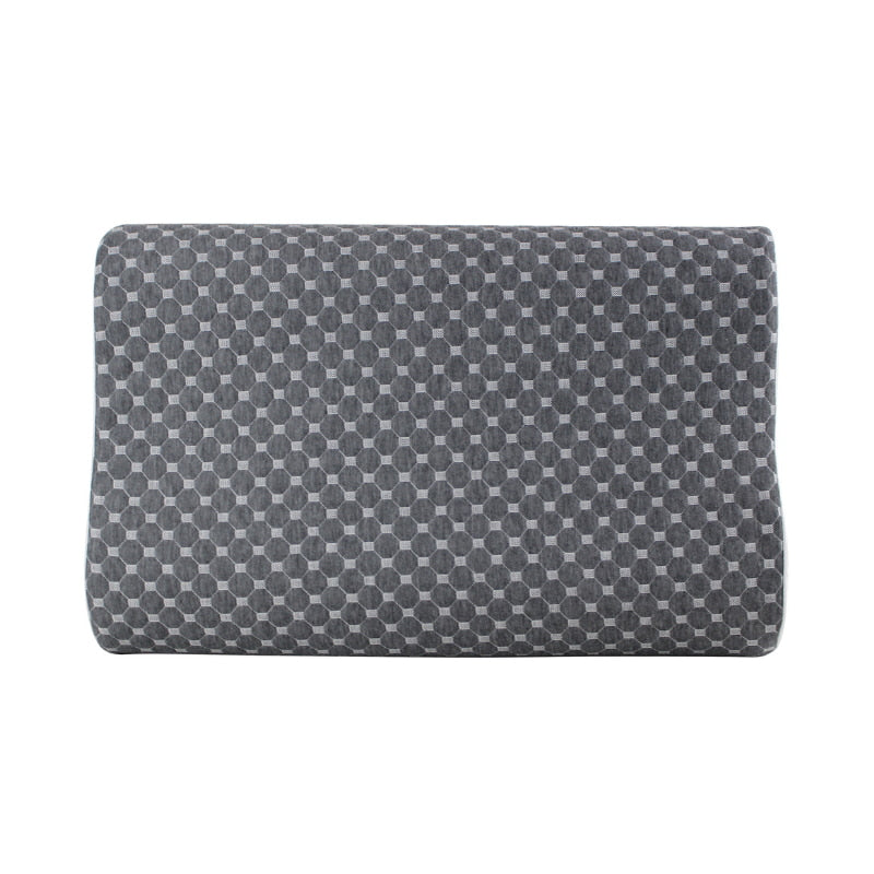 Front details of grey memory foam pillow creates a thermal conductive pathway.