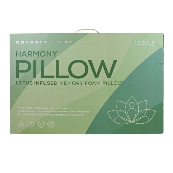 alt="Front details of a lotus infused memory foam pillow packaging"