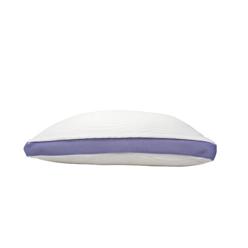 Side details of the lavender infused memory foam pillow providing customised support and a soothing scent for a fantastic night's sleep.