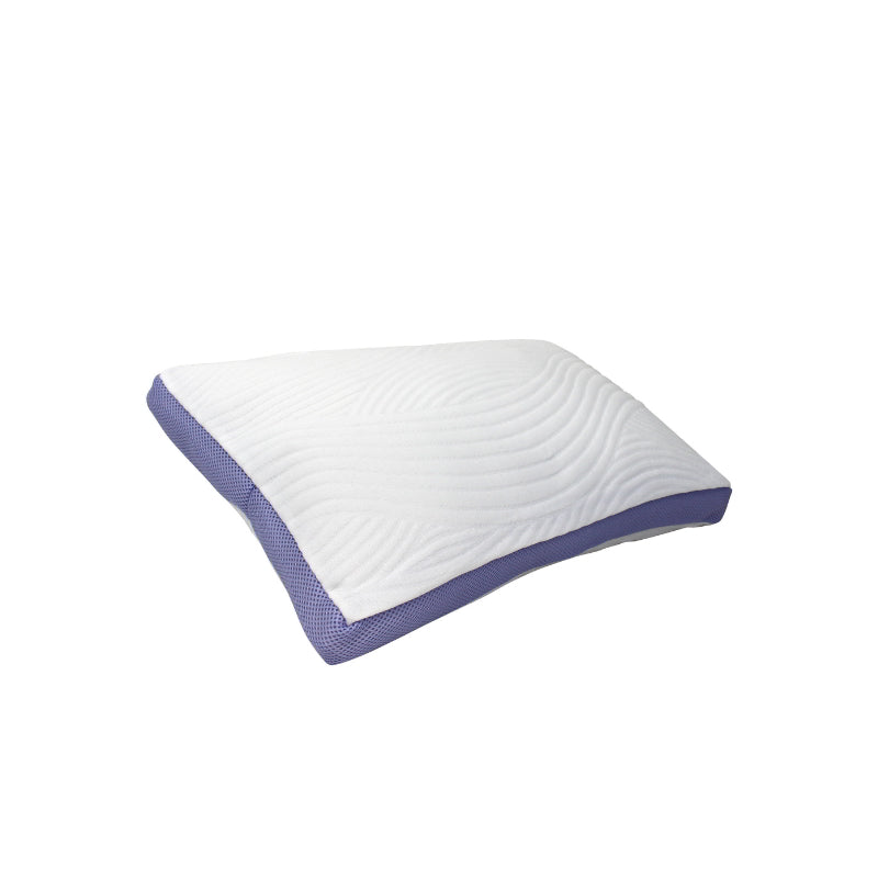 Side details of the lavender infused memory foam pillow providing customised support and a soothing scent for a fantastic night's sleep.