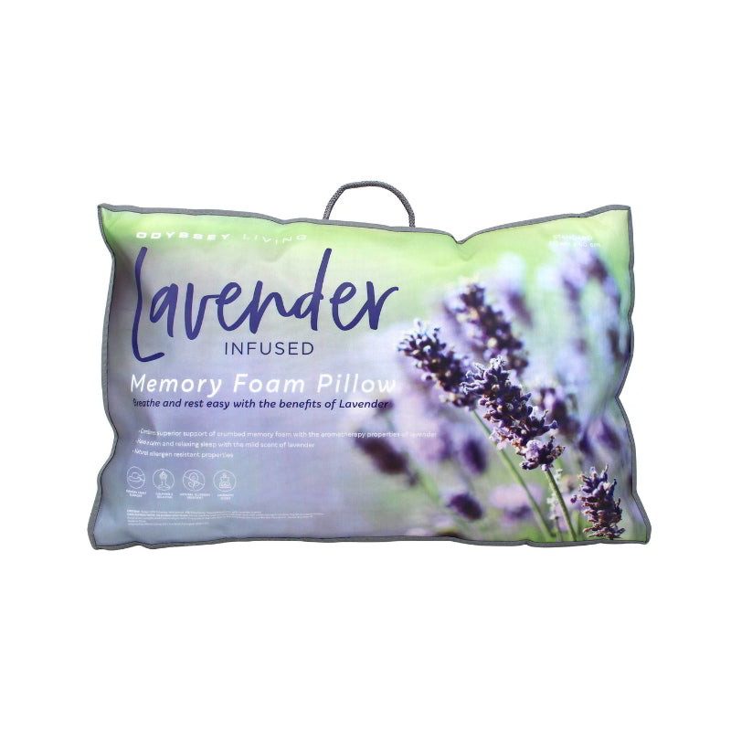 Packaging details of the lavender infused memory foam pillow providing customised support and a soothing scent for a fantastic night's sleep.