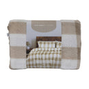 Front packaging view of the birch quilt cover on bed showing check pattern