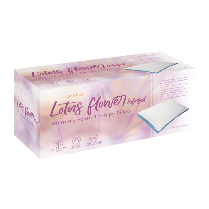 Packaging details of the Odyssey Living Lotus Flower Essence Pillow combines memory foam support and a soothing lotus fragrance for peaceful, restorative sleep.