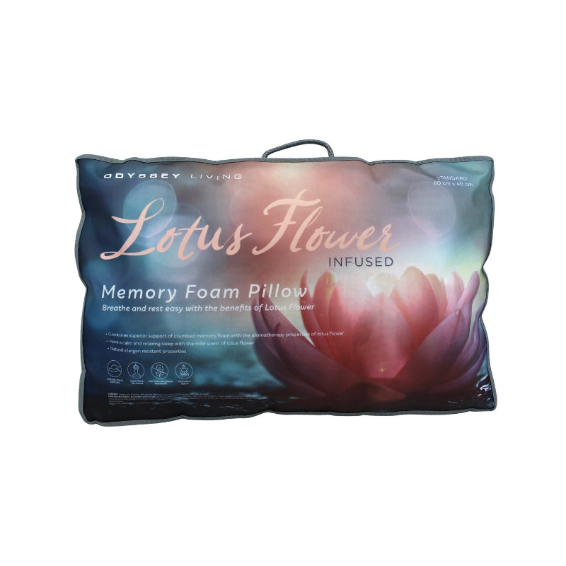 Packaging details of the Odyssey Living Memory Foam Pillow which you will enjoy a peaceful sleep with a hint of lotus, and feel the luxury of soft polyester and cooling viscose.
