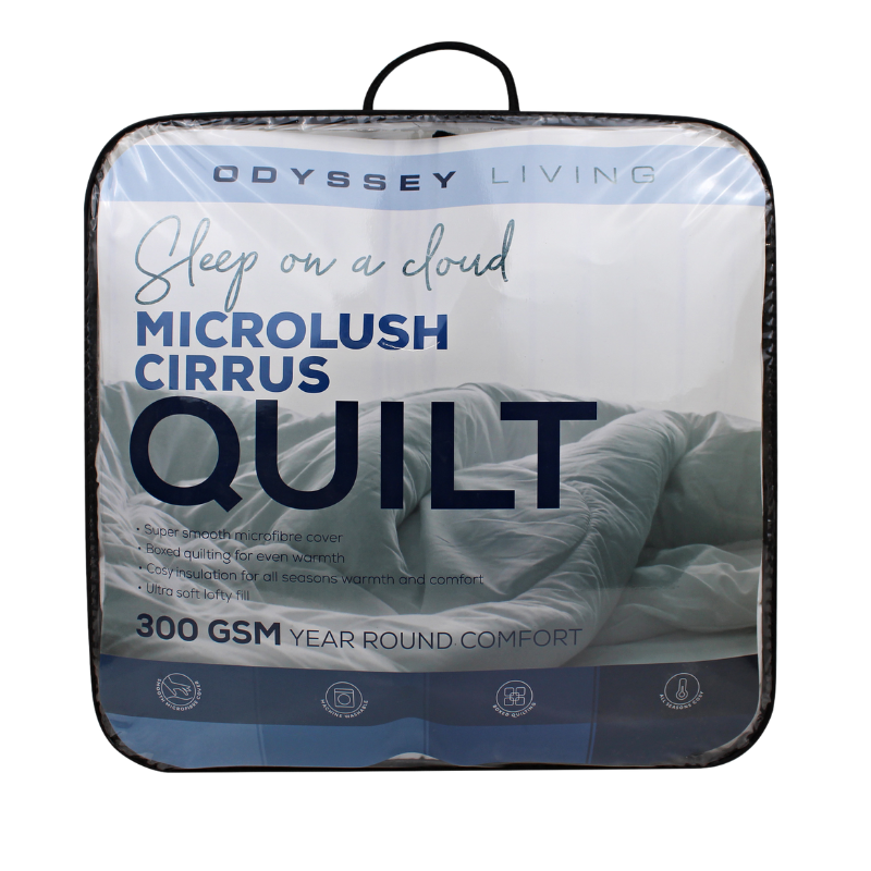 alt="Front details of a nice packaging of a 300gsm quilt features a cosy insulation for all seasons warmth and comfort"