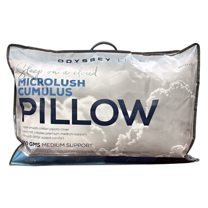 alt="Front details of a microlush cumulus medium standard pillow packaging"