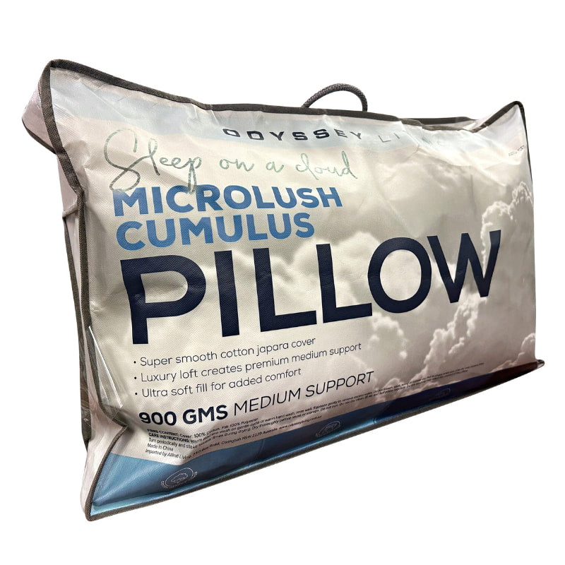 alt="Side details of a microlush cumulus medium standard pillow packaging"