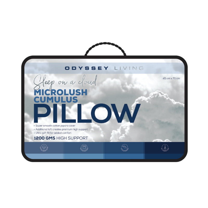 Front details of a microlush cumulus high standard pillow packaging.