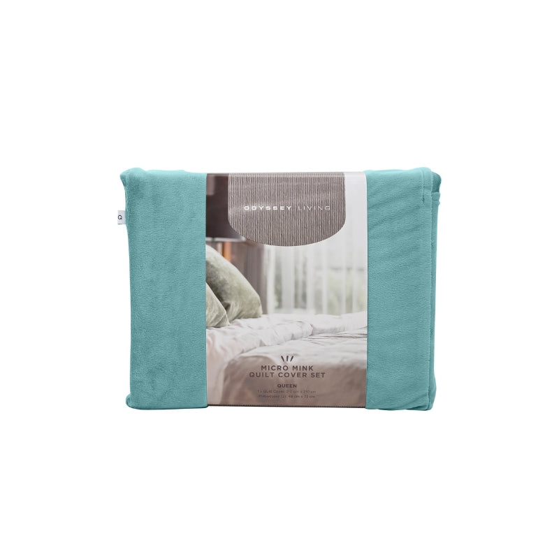 Front packaging details of the Odyssey Living Micromink Quilt Cover Set in rich teal color, adding flair and relaxation to your bedroom decor.
