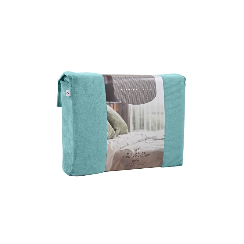 Side packaging details of the Odyssey Living Micromink Quilt Cover Set in rich teal color, adding flair and relaxation to your bedroom decor.