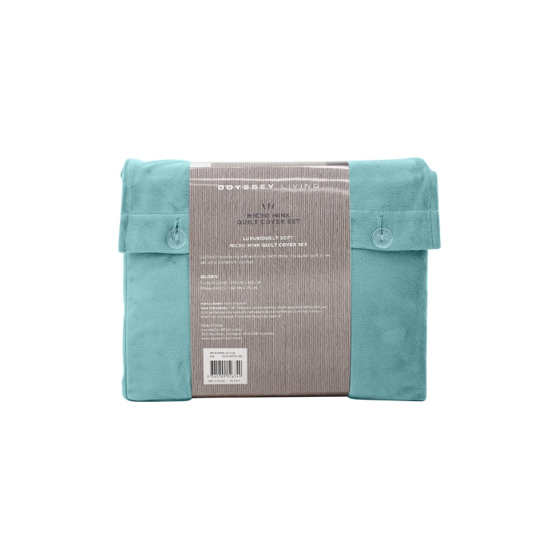 Back packaging details of the Odyssey Living Micromink Quilt Cover Set in rich teal color, adding flair and relaxation to your bedroom decor.