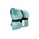 Side packaging details of a luxurious mink touch blanket in a shade of jade mist featuring minimalist design, soft, velvety texture for cosy warmth. 