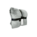 Side packaging details of a luxurious mink touch blanket in a shade of silver featuring minimalist design, soft, velvety texture for cosy warmth. 