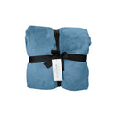 Front packaging details of a luxurious storm blue mink-touch blanket featuring a minimalist design and a soft, velvety texture for cosy warmth.