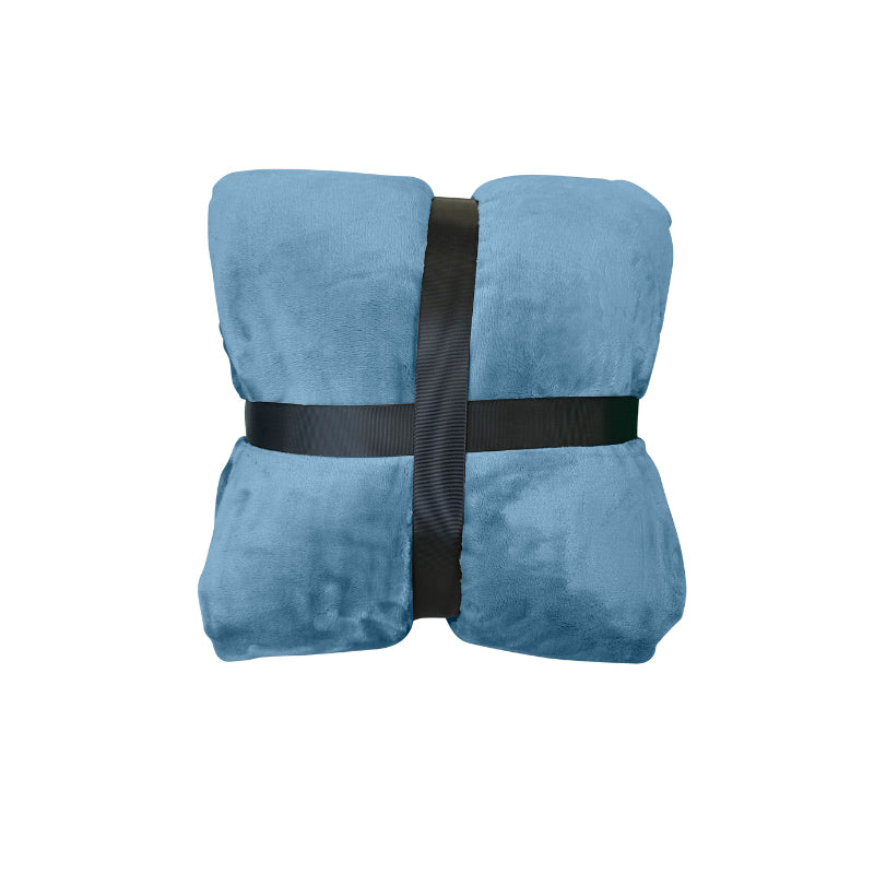Back packaging details of a luxurious storm blue mink-touch blanket featuring a minimalist design and a soft, velvety texture for cosy warmth.
