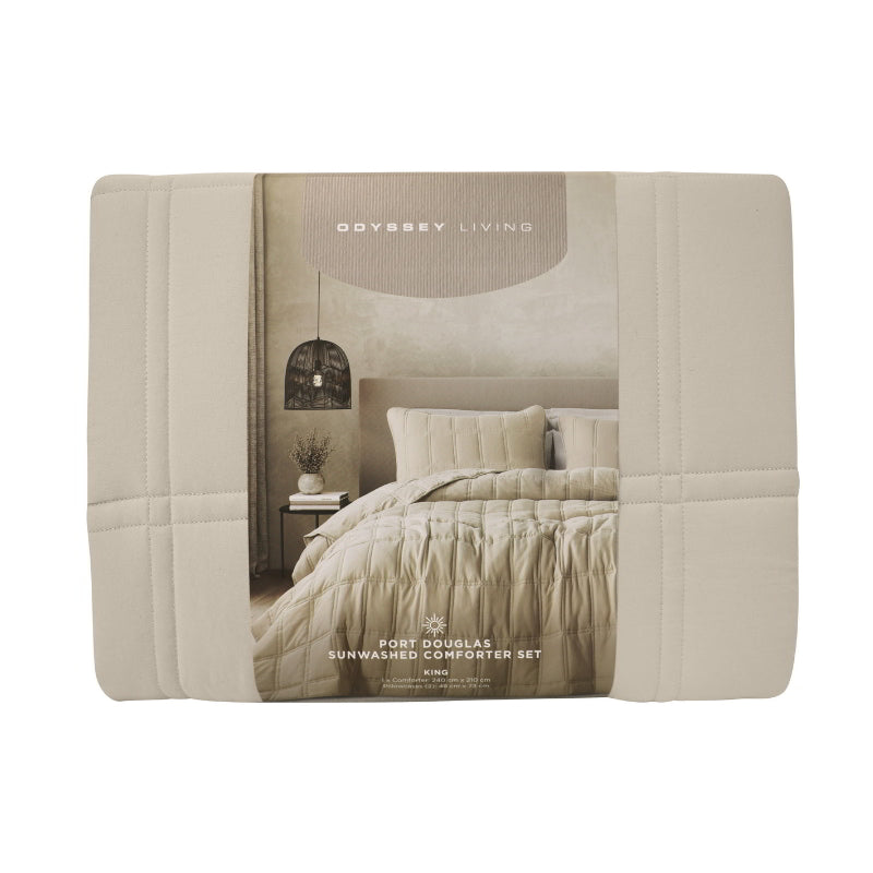 Front packaging view of the Port Douglas Birch comforter showing lightweight drape over the bed