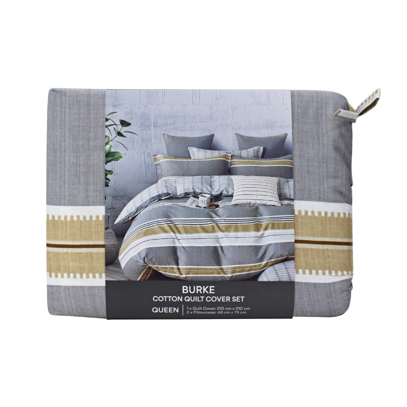 alt="Front details of a nice package of luxurious quilt cover set features stripe design and co-ordinating check reverse"