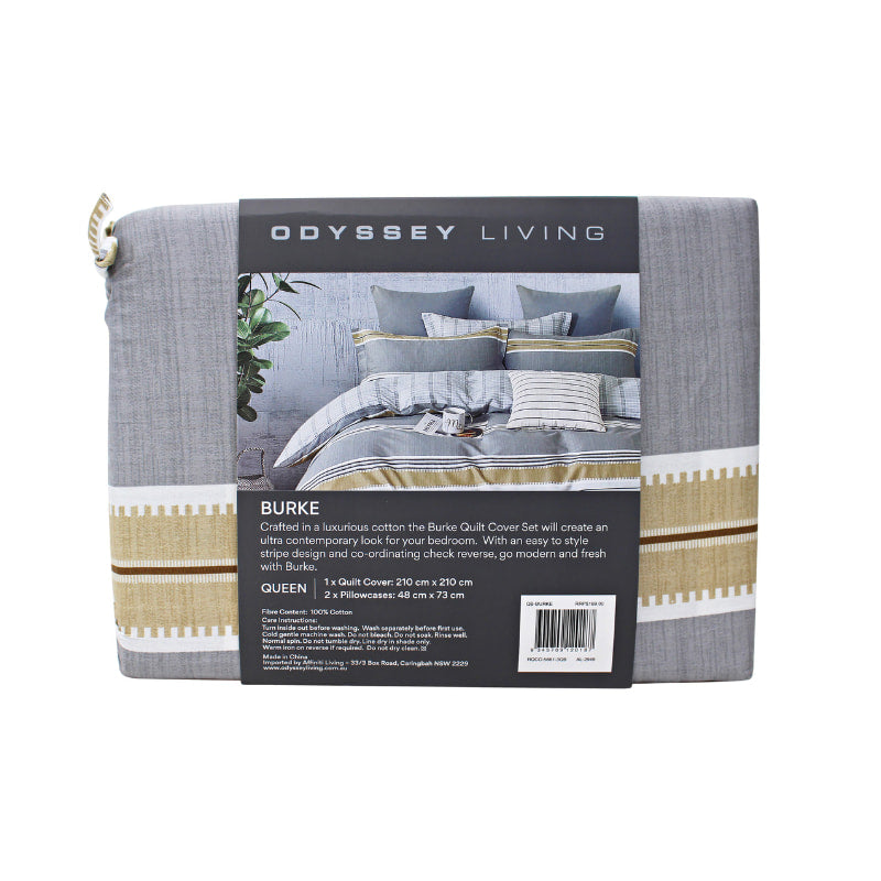 alt="Back details of a nice package of luxurious quilt cover set features stripe design and co-ordinating check reverse"