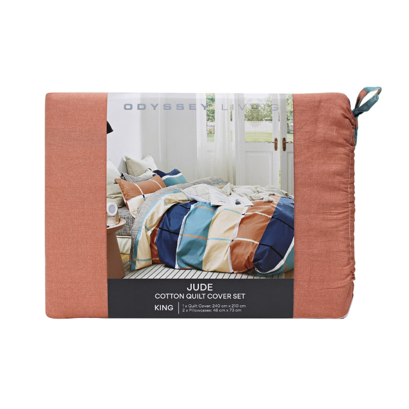 alt="Front details of a nice package of luxurious quilt cover set features a classic check design reinvented with on-trend hues"