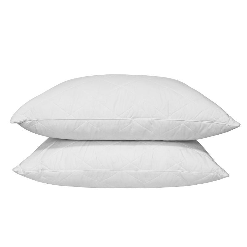 alt="View from a reclined angle of a white pillow features a soft feather and quilted design"
