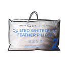 Front details of a nice packaging of a white pillow features a soft feather and quilted design.