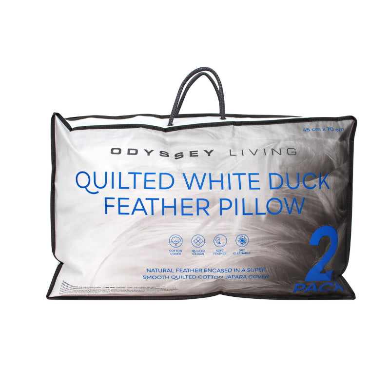 alt="Front details of a nice packaging of a white pillow features a soft feather and quilted design"
