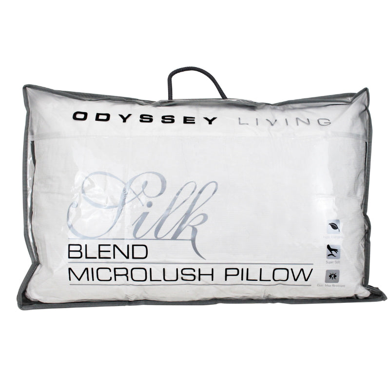 alt="Front details of a silk blend standard pillow packaging"