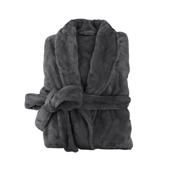 A neatly folded dark haze silk touch bathrobe, exuding luxurious elegance and comfort.