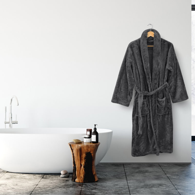 A dark haze silk touch bathrobe, exuding luxurious elegance and comfort in a bathroom setup.