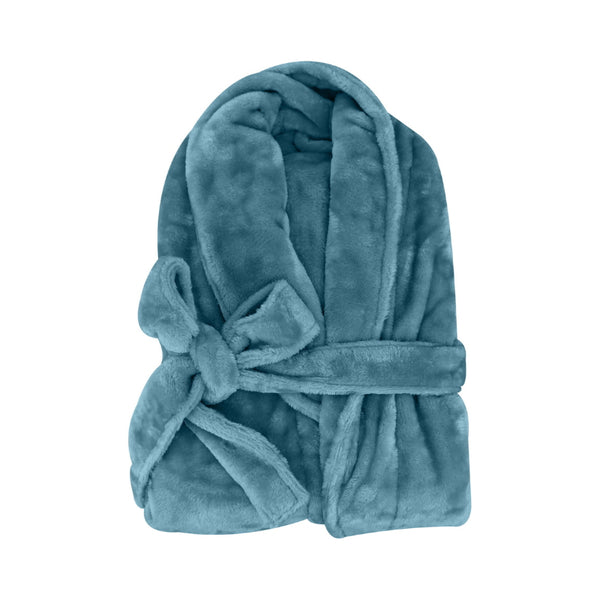  A neatly folded dusk blue silk touch bathrobe, exuding luxurious elegance and comfort.