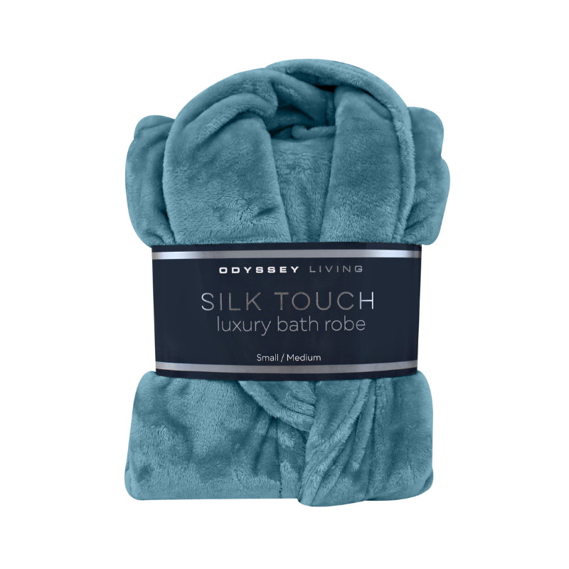 A front details of a neatly folded  dusk blue silk touch bathrobe, exuding luxurious elegance and comfort.