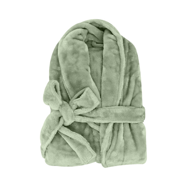 A neatly folded sage silk touch bathrobe, exuding luxurious elegance and comfort.